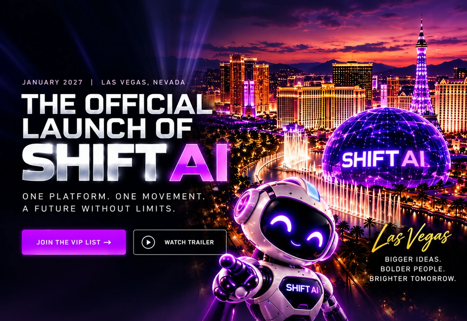 January 2027, Las Vegas, Nevada. The official launch of SHIFT AI. One platform. One movement. A future without limits.